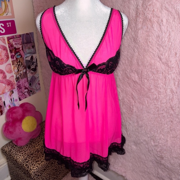Pink and Black Lace Trim Babydoll - Picture 1 of 7